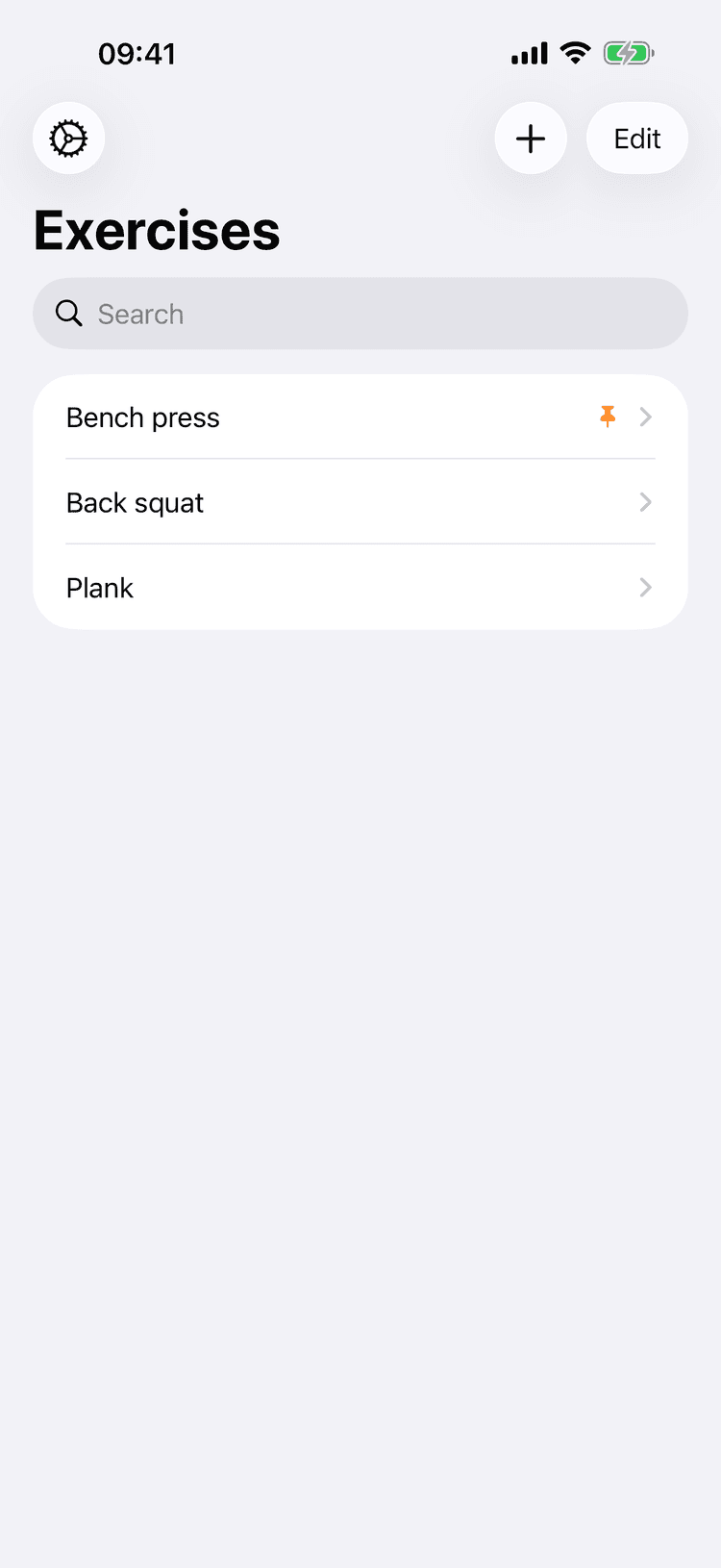 Exercise list with search and pinned exercises